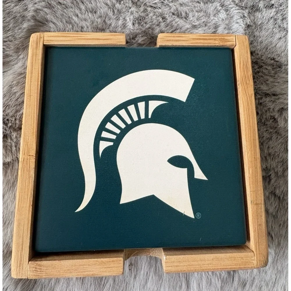 Set of 4 drink coasters michigan state spartans with holder